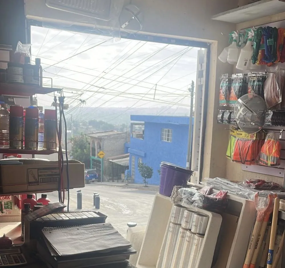 La calle vista desde el mostrador, con palas Truper, cuerdas y chalecos a un lado de la entrada